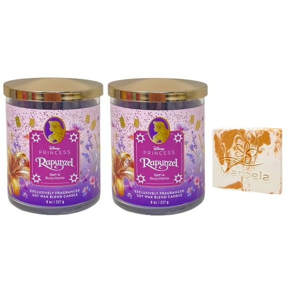 Bath & Body Works Limited Edition Princess Collection Rapunzel 2 Piece Single Wick Candles with a Peach Gardenia Mini Soap