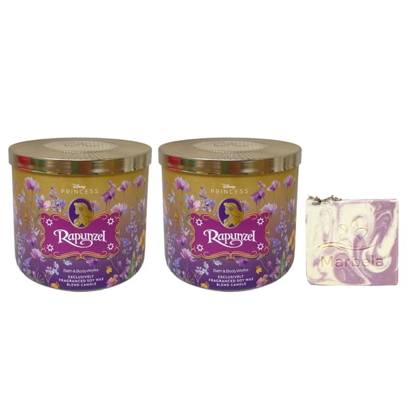 Bath & Body Works Limited Edition Princess Collection Rapunzel 2 Piece of 3-Wick Scented Candles with a Lavender Dream Bar Soap