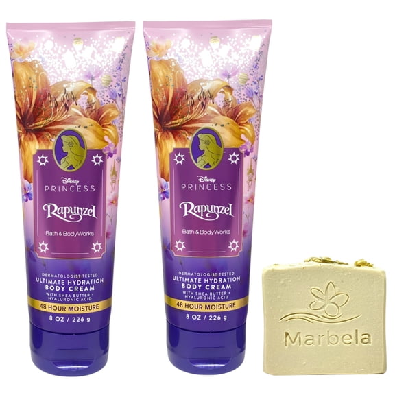 Bath & Body Works Limited Edition Princess Collection Rapunzel 2 Ultimate Hydration Body Creams with a Wild Jasmine Bar Soap