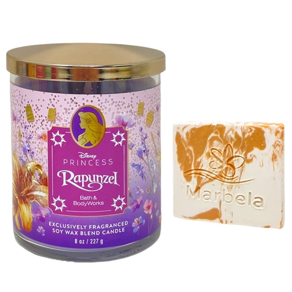 Bath & Body Works Limited Edition Princess Collection Rapunzel Single Wick Candle with a Peach Gardenia Mini Soap