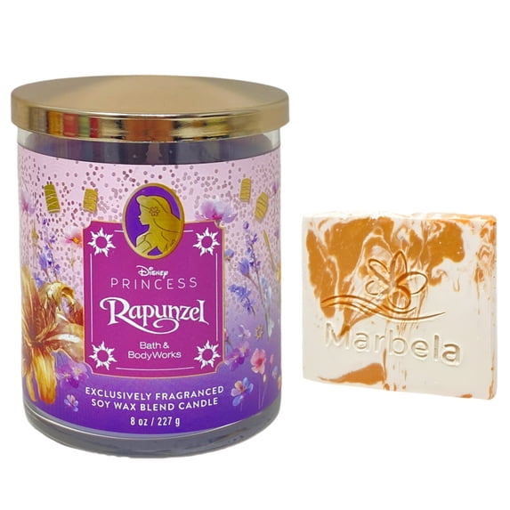 Bath & Body Works Limited Edition Princess Collection Rapunzel Single Wick Candle with a Peach Gardenia Mini Soap