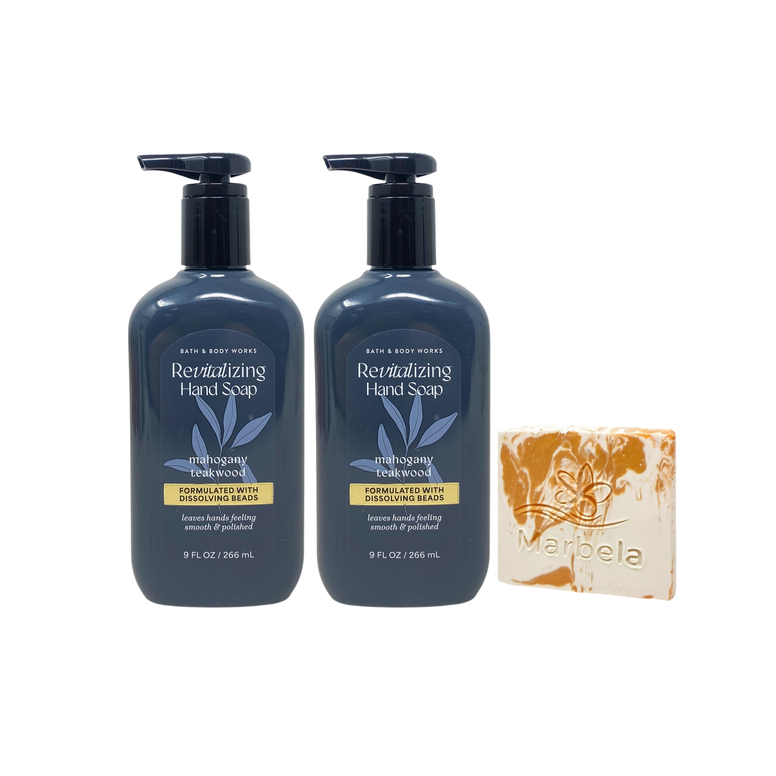 Bath & Body Works Mahogany Teakwood 2 Revitalizing Gel Hand Soap with a Peach Gardenia Mini Soap