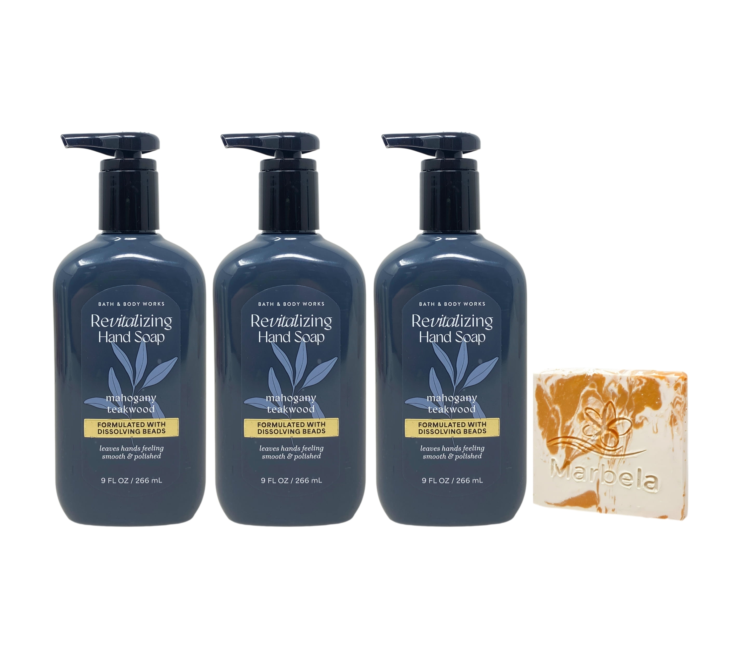 Bath & Body Works Mahogany Teakwood 3 Revitalizing Gel Hand Soap with a Peach Gardenia Mini Soap
