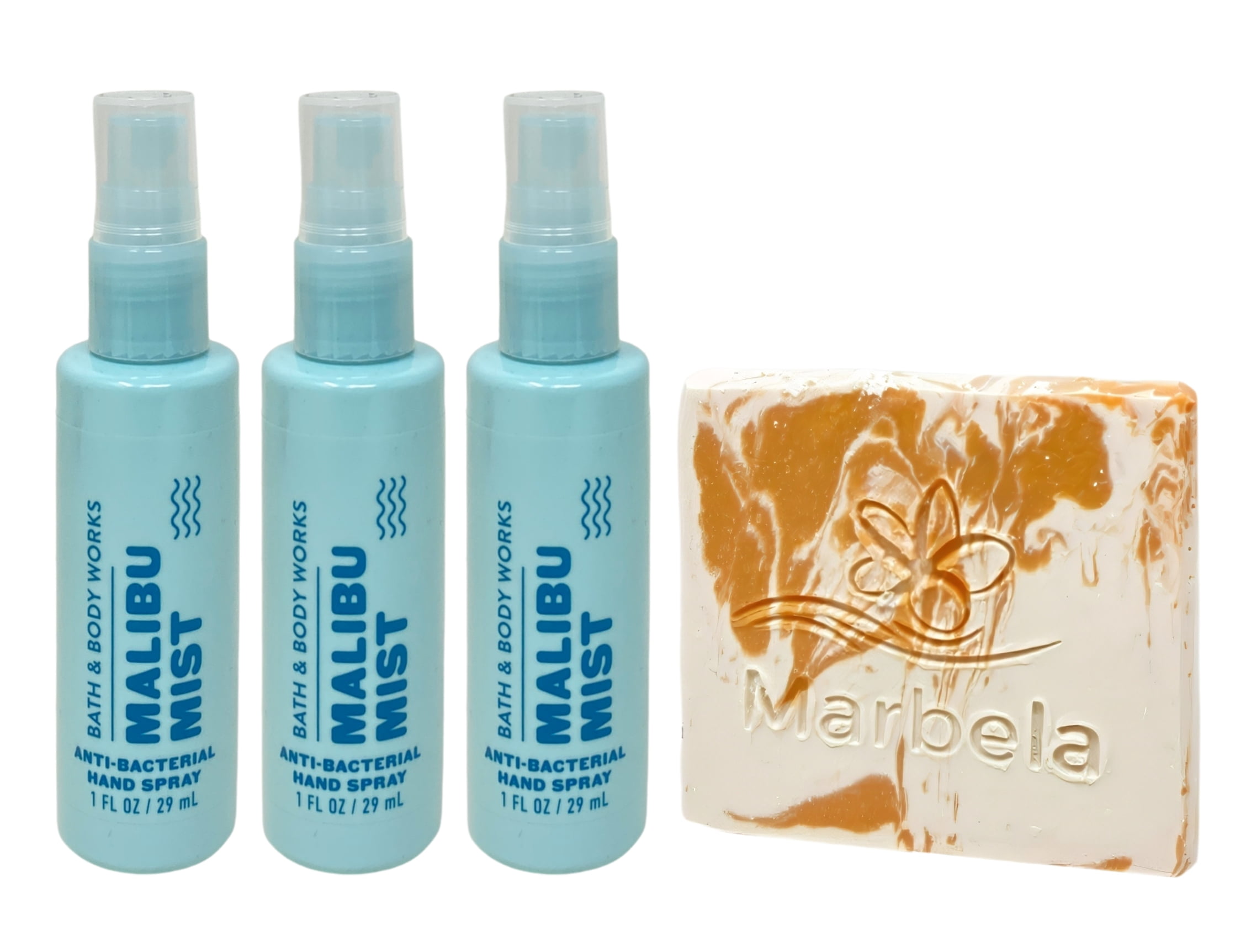 Bath & Body Works Malibu Mist 3 - Hand Sprays - (1 fl oz / 29 ml Each) with a Peach Gardenia Mini Soap