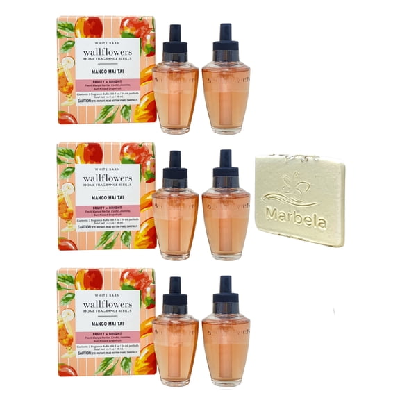 Bath & Body Works Mango Mai Tai 6 Wallflowers Home Fragrance Refill Bulbs with a Natural Oats Mini Soap