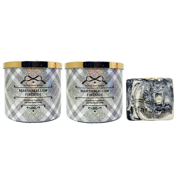 Bath & Body Works Marshmallow Fireside 2 Piece 3-Wick Scented Candle Set with a Charcoal Scrub Bar Soap