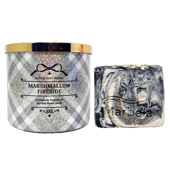Bath & Body Works Marshmallow Fireside 3-Wick Scented Candle Set with a Marbela Charcoal Scrub Bar Soap