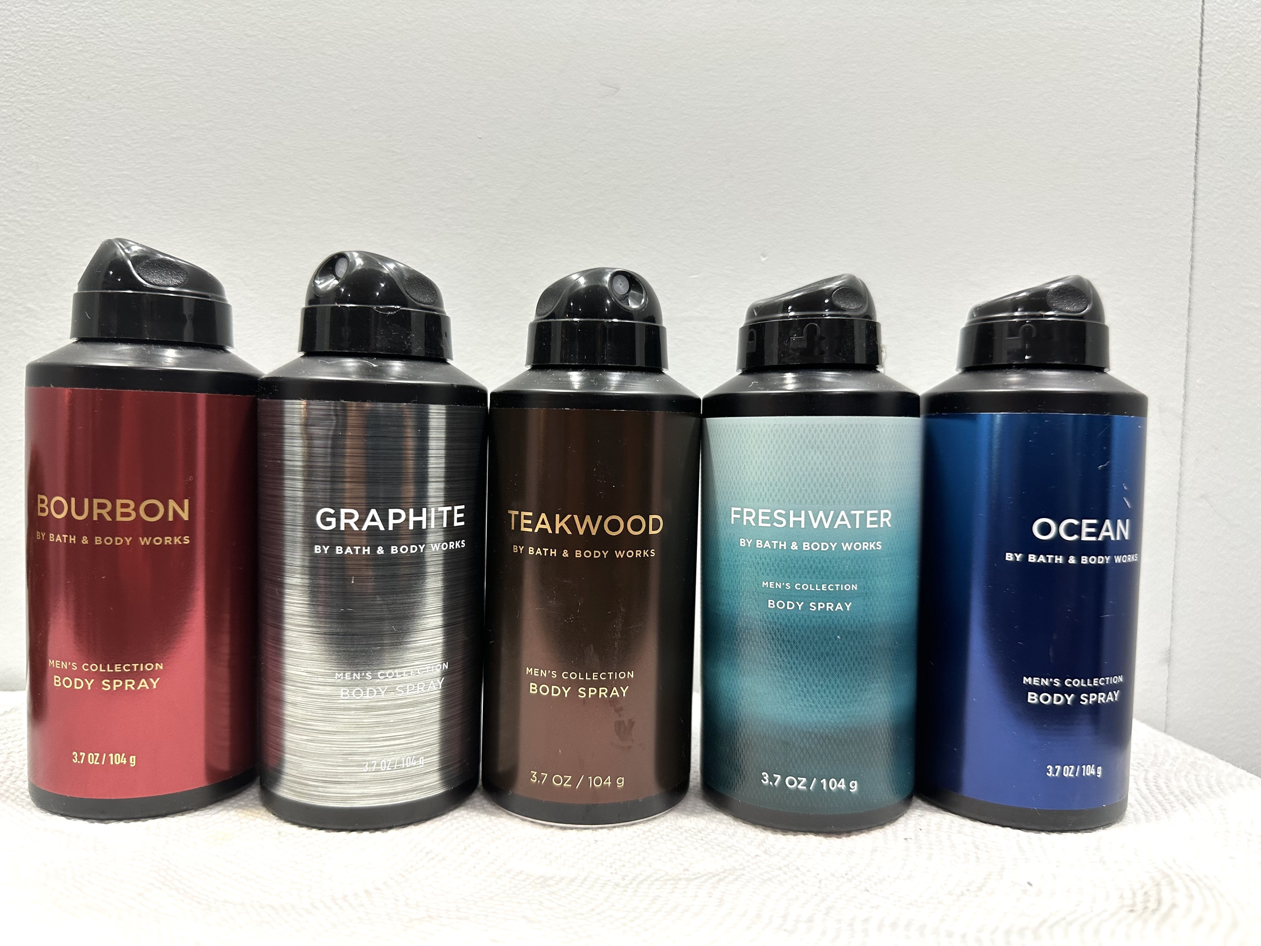 Bath Body Works Men s Collection 5 Piece Body Spray Gift Set 3.7 oz. Bourbon Graphite Teakwood Freshwater Ocean
