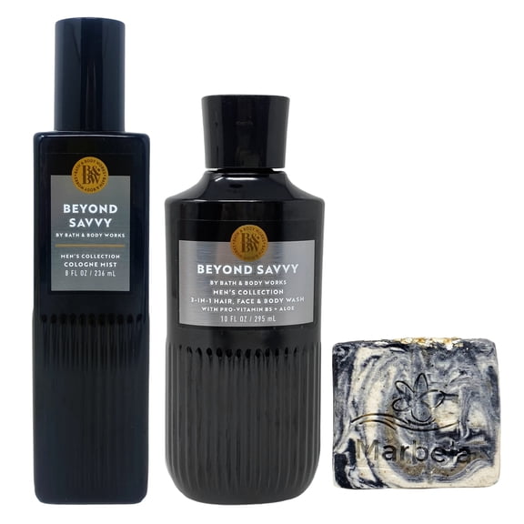 Bath & Body Works Men's Collection Beyond Savvy Cologne Mist and 3-in-1 Hair, Face & Body Wash with a Charcoal Scrub Bar Soap