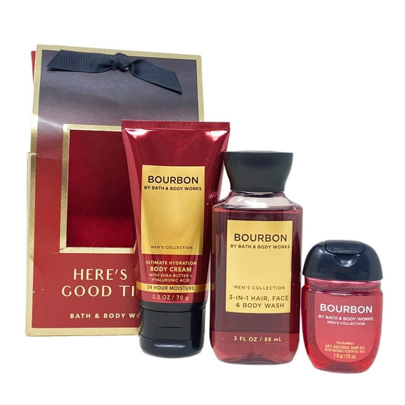 Bath and Body Works Men's Collection Bourbon Here's To Good Times Travel Gift Bag Set - Body Cream - 3-in-1 Hair, Face, & Body Wash - Hand Gel - Travel Size