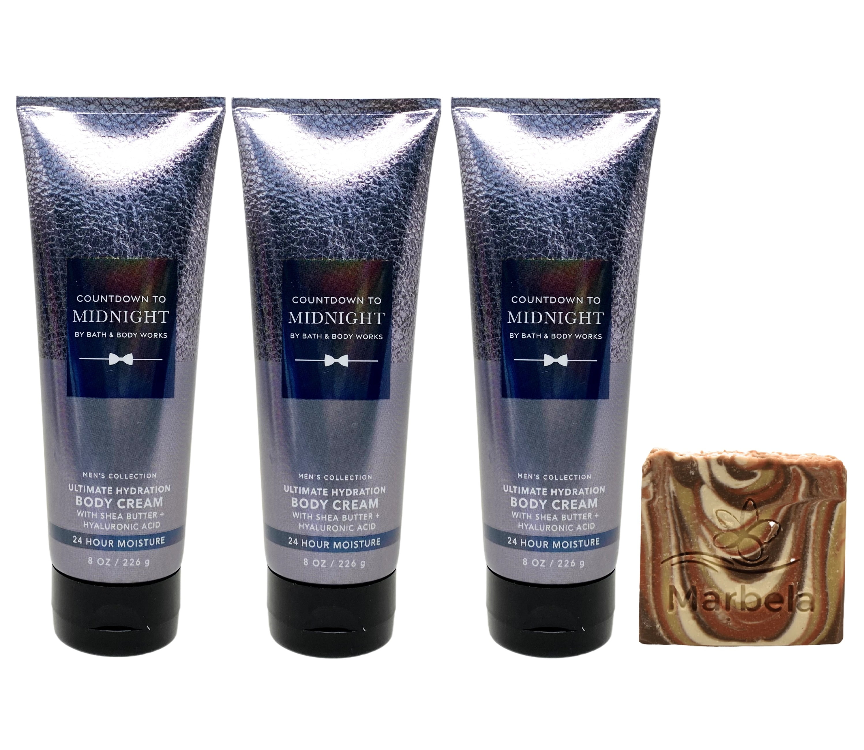 Bath & Body Works Men's Collection Countdown to Midnight 3 Pack Body Cream Bundle with a Clay Baby Bar Soap - Full Size