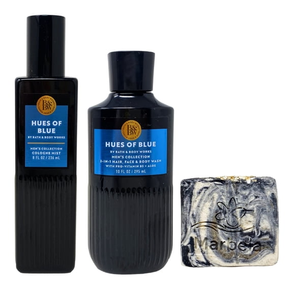 Bath & Body Works Men's Collection Hues of Blue Cologne Mist and Body Wash with a Charcoal Scrub Bar Soap