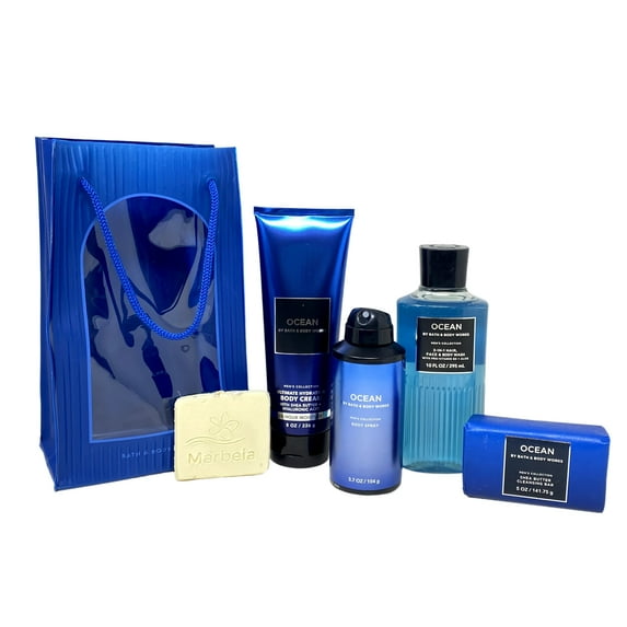Bath & Body Works Men's Collection Ocean Deluxe Gift Bag - Body Cream, 3-in-1 Hair, Face & Body Wash, Body Spray and a Cleansing Bar Soap with a Natural Oats Sample Soap