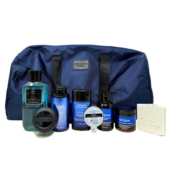 Bath & Body Works Men's Collection Ocean Duffle Bag 7 Piece Gift Set with a Marbela Natural Oats Sample Soap