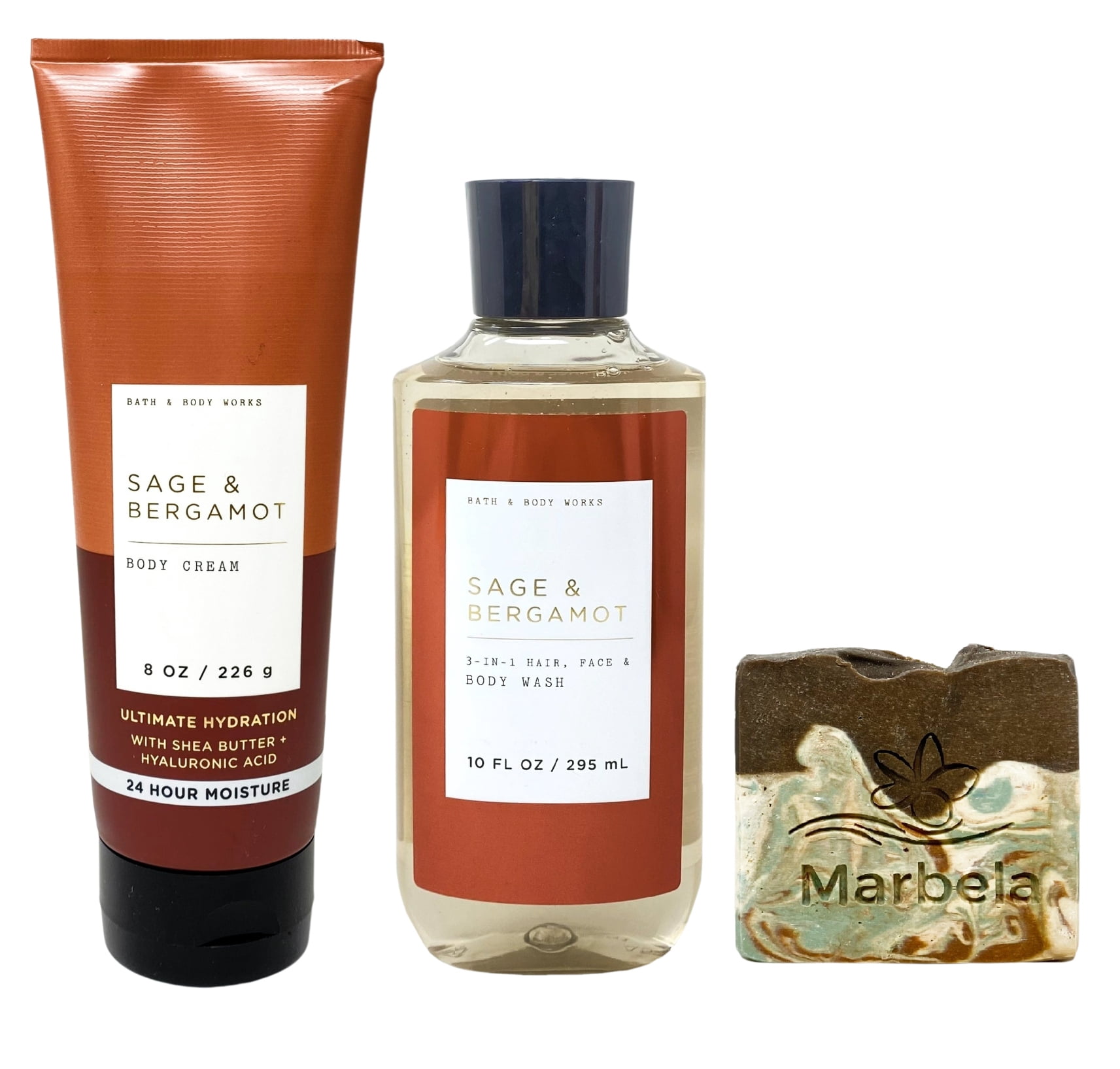 Bath & Body Works Men's Collection Sage & Bergamot Ultimate Hydration Body Cream and 3-in-1 Hair, Face & Body Wash with a Cabin Spice Bar Soap