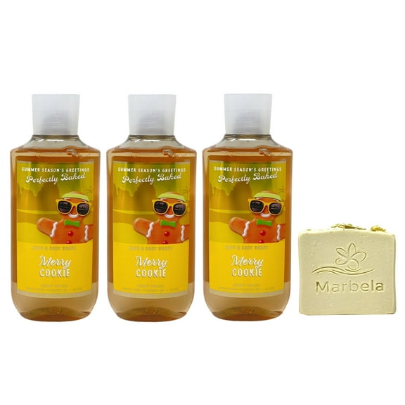 Bath & Body Works Merry Cookie 3 Pack Body Wash Bundle with a Wild Jasmine Bar Soap - Full Size
