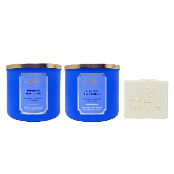 Bath & Body Works Midnight Blue Citrus 2 Piece 3-Wick Scented Candle Set with a Marbela Natural Oats Bar Soap