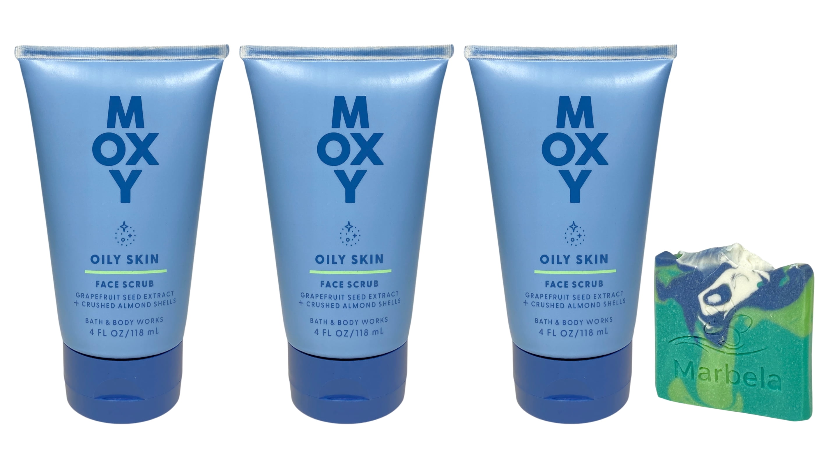 Bath & Body Works Moxi Oily Skin 3 Face Scrubs with an Aloe Vera Sample Soap