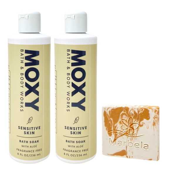 Bath & Body Works Moxi Sensitive 2 Bath Soaks with a Peach Gardenia Mini Soap