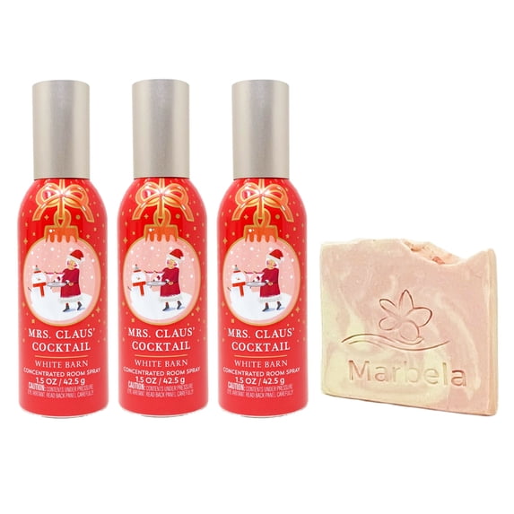 Bath & Body Works Mrs. Claus' Cocktail Concentrated Room Spray 3 Pack with a Himalayan Salts Springs Sample Soap