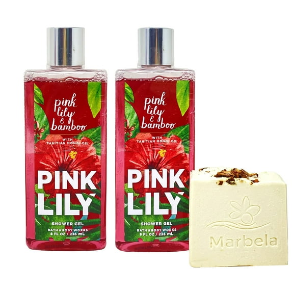 Bath & Body Works PINK LILY & BAMBOO 2 Piece Shower Gel Value Pack with a Marbela Creamy Rose Bar Soap - Full Size