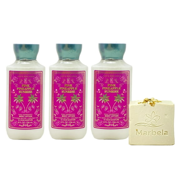 Bath & Body Works PINK PINEAPPLE SUNRISE 3 Piece Daily Nourishing Body Lotion Bundle with a Marbela Wild Jasmine Bar Soap - Full Size