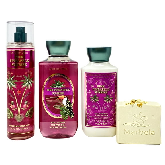 Bath & Body Works PINK PINEAPPLE SUNRISE Trio Gift Set With a Marbela Wild Jasmine Bar Soap - Fragrance Mist - Shower Gel and Body Lotion - Full Size
