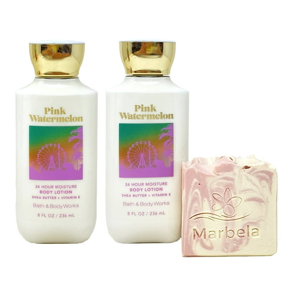 Bath & Body Works PINK WATERMELON 2 Piece Body Lotion Value Pack with a Marbela Himalayan Salts Springs Bar Soap - Full Size