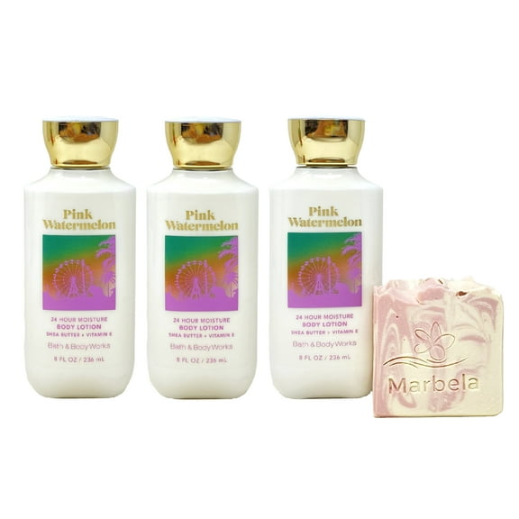 Bath & Body Works PINK WATERMELON 3 Piece Body Lotion Value Pack with a Marbela Himalayan Salts Springs Bar Soap - Full Size