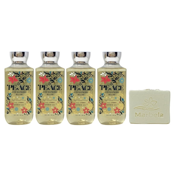 Bath & Body Works Peace - Iced Raspberry Bellini 4 Pack Shower Gel Bundle with a Natural Oats Bar Soap - Full Size