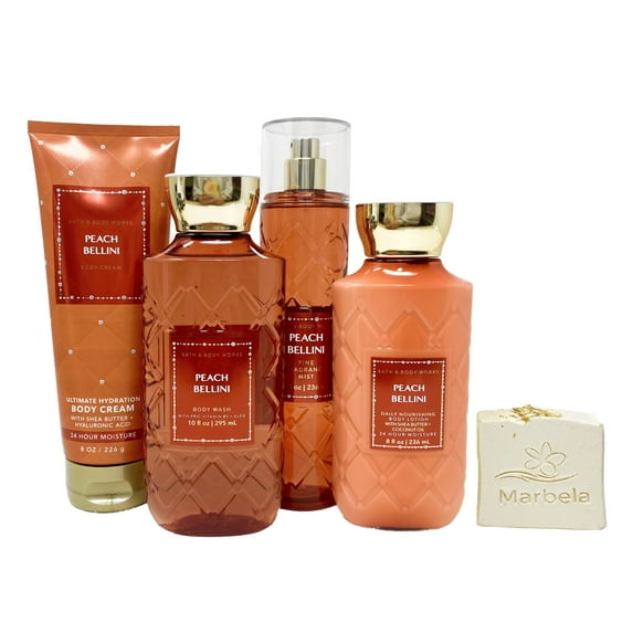 Bath & Body Works Peach Bellini - Deluxe Gift Set - Fragrance Mist, Body Cream, Body Wash and Body Lotion With a Wild Jasmine Soap.