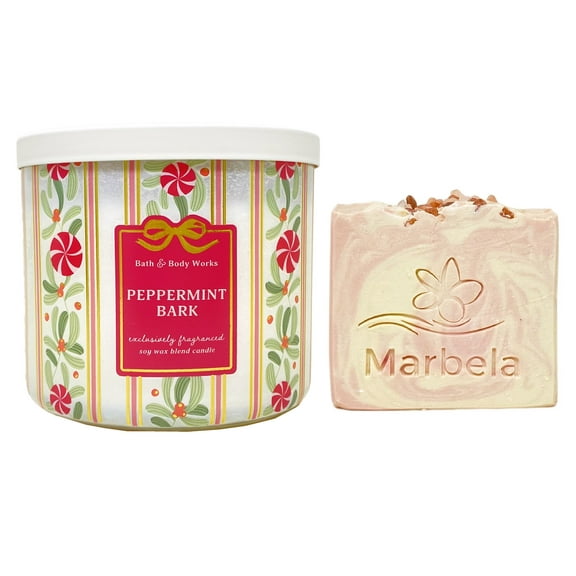 Bath & Body Works Peppermint Bark 3-Wick Scented Candle with a Marbela Himalayan Salts Springs Bar Soap