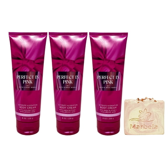 Bath & Body Works Perfect In Pink 3 Pack Body Cream Bundle with a Himalayan Salts Springs Bar Soap - Full Size