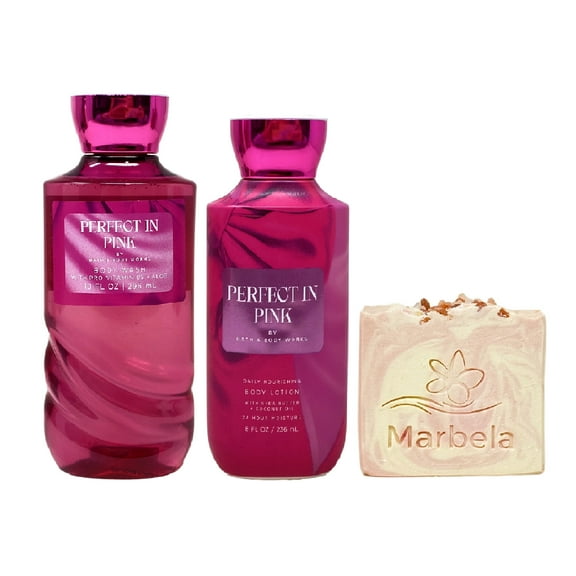 Bath & Body Works Perfect In Pink Body Wash and Body Lotion Duo Set with a Himalayan Salts Springs Bar Soap - Full Size