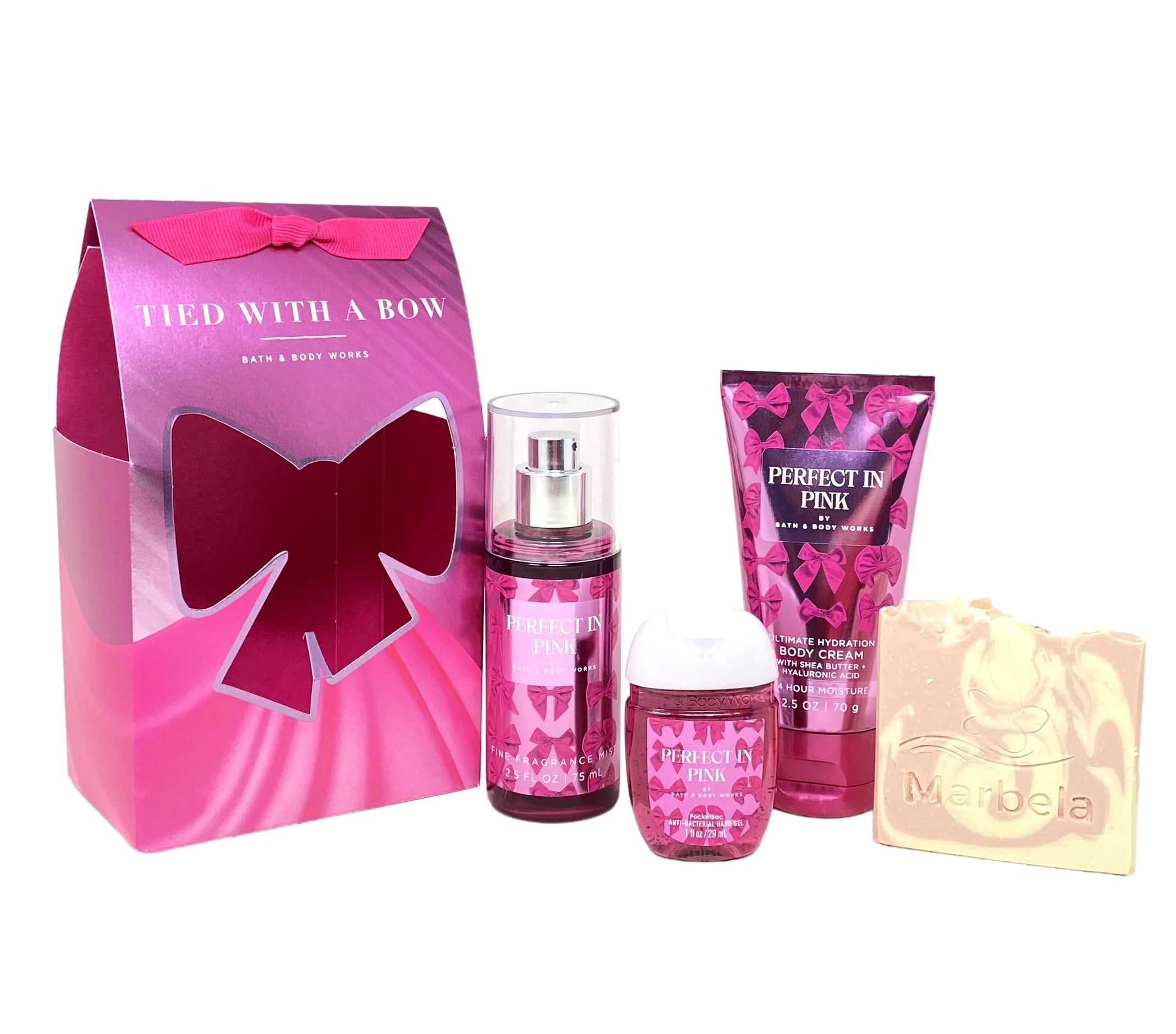 Bath & Body Works Perfect In Pink - Tied With A Bow Mini Gift Bag Trio - Fragrance Mist, Body Cream and Hand Gel with a Himalayan Salts Springs Sample Soap - Travel Size