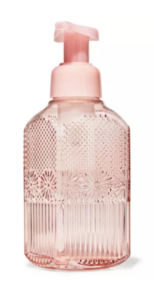 Bath & Body Works Pink Floral Foaming Soap Dispenser Glass New in Box
