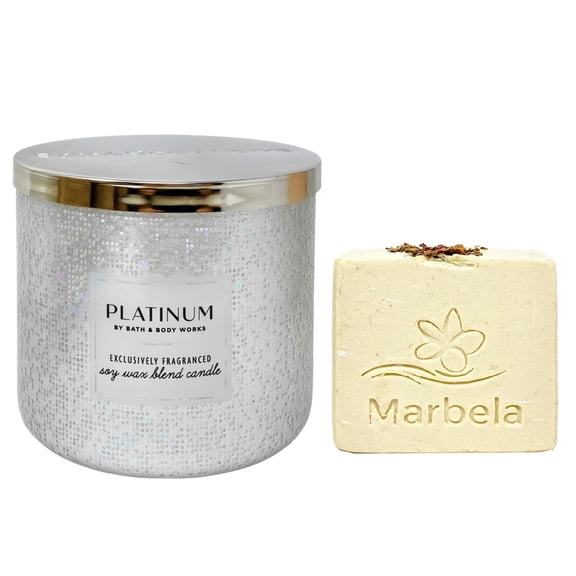 Bath & Body Works Platinum 3-Wick Candle with a Creamy Rose Bar Soap