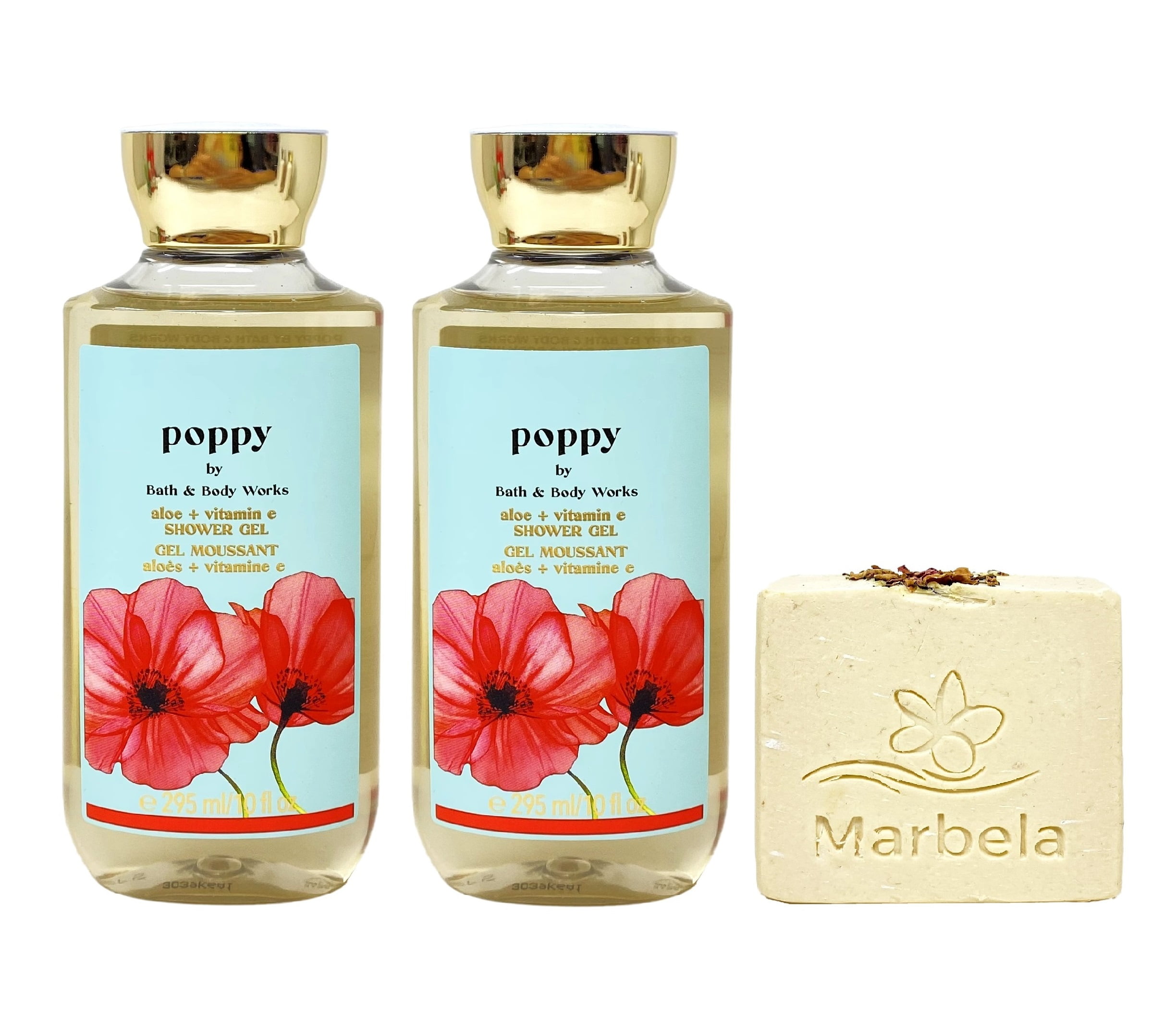 Bath & Body Works Poppy 2 Piece Aloe + Vitamin E Shower Gel Value Pack with a Marbela Creamy Rose Bar Soap - Full Size