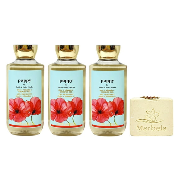 Bath & Body Works Poppy 3 Piece Aloe + Vitamin E Shower Gel Value Pack with a Marbela Creamy Rose Bar Soap - Full Size