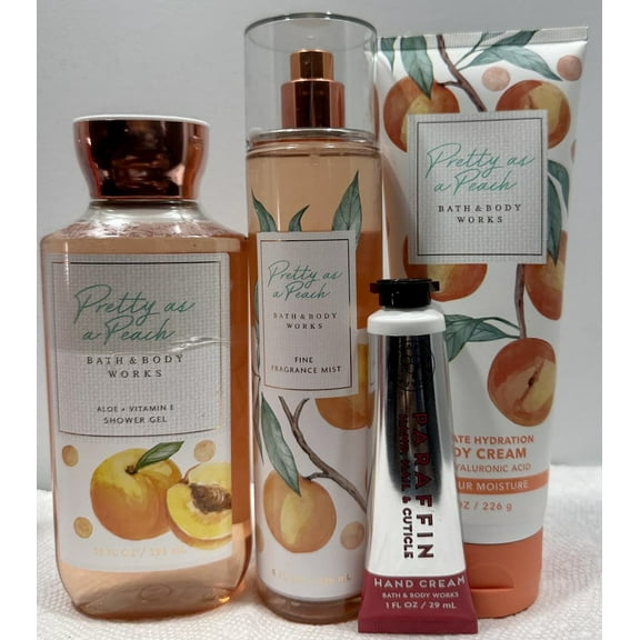 Bath & Body Works Pretty as a Peach 4 Piece Gift Set (Aloe + Vitamin E Shower Gel 10 fl oz, Fine Fragrance Mist 8 fl oz, Ultimate Hydration Body Cream with Hyaluronic Acid 8 oz, and Hand Cream 1 floz)