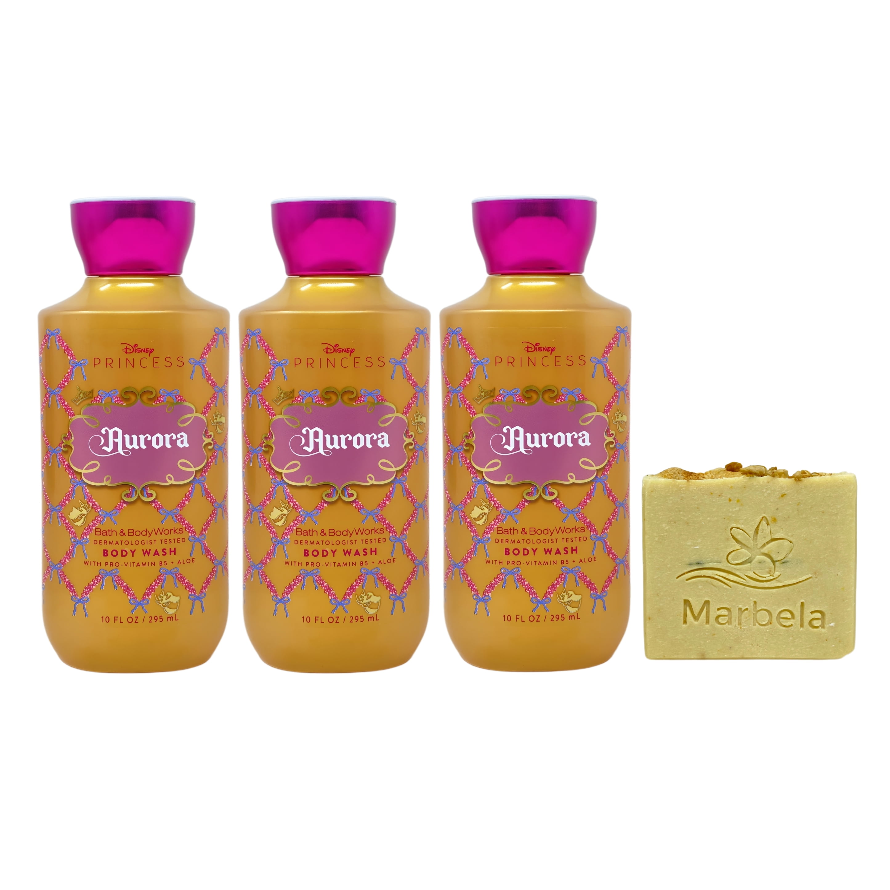 Bath & Body Works Princess Collection Aurora 3 Body Washes with a Perfectly Peeled Bar Soap