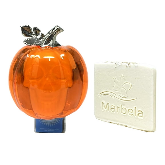 Bath & Body Works Pumpkin Skull Nightlight Wallflowers Fragrance Plug with a Marbela Natural Oats Sample Soap