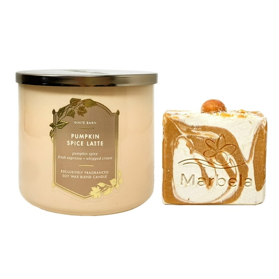 Bath & Body Works Pumpkin Spice Latte 3-Wick Scented Candle with a Marbela Peach Gardenia Bar Soap