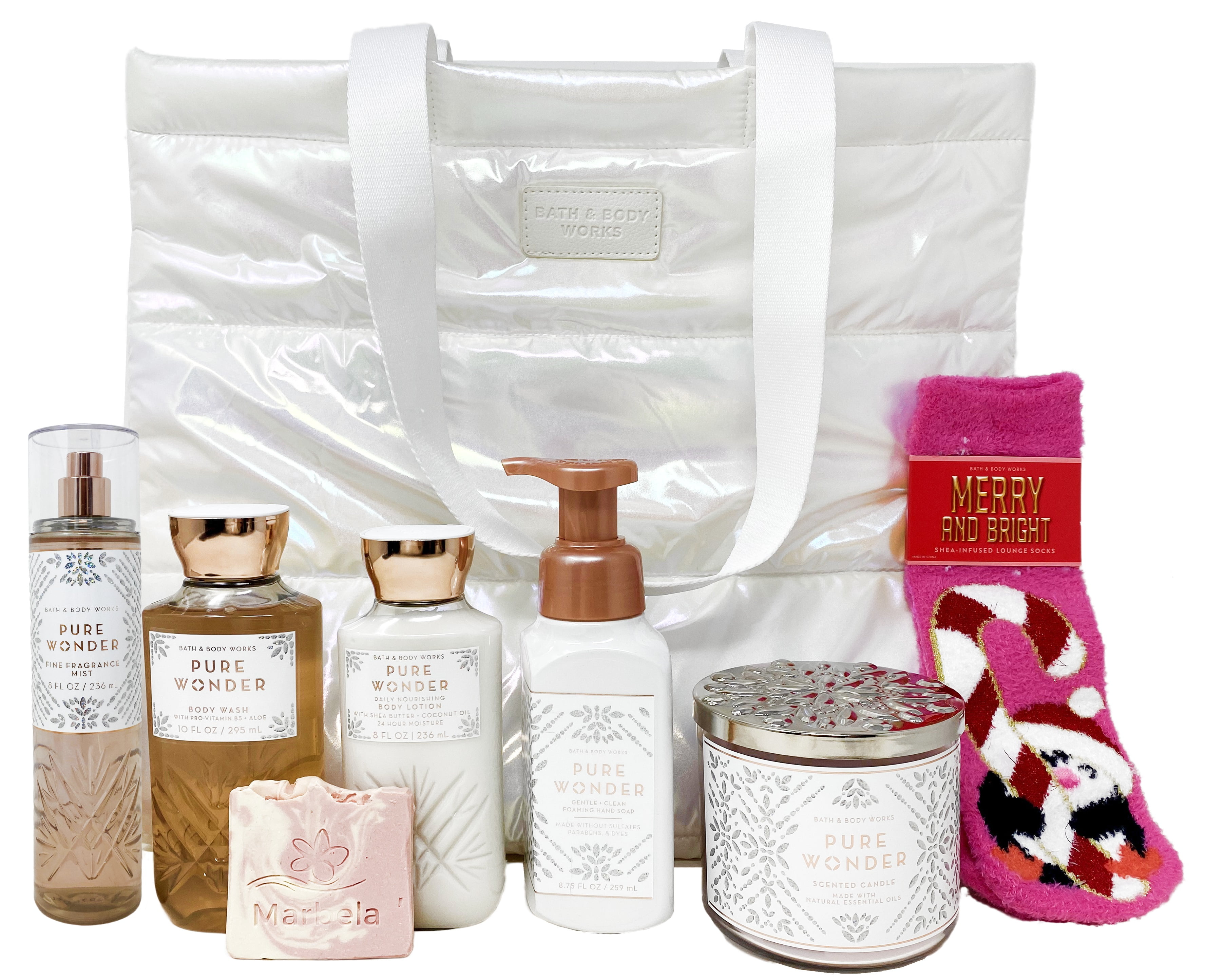 Bath & Body Works Pure Wonder - Bag Gift Set - Fine Fragrance Mist, Body  Wash, Body Lotion, Foaming Hand Soap, Scented Candle, Socks and Iridescent  