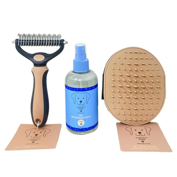 Bath & Body Works Purrfect Paws Pet Care 3 Piece Set - Raindrops & Violets Pet Detangling Spray, Dematting Tool and Massaging Bath Glove