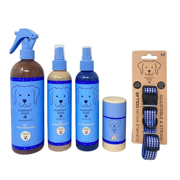 Bath & Body Works Purrfect Paws Raindrops & Violets Pet Care 5 Piece Set - Pet Stain Remover, Waterless Bath, Deodorizer, Nose & Paw Balm and a Gingham Medium Collar