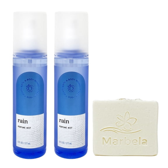 Bath & Body Works Rain 2 Pack Perfume Mist Bundle with a Marbela Natural Oats Bar Soap - Full Size