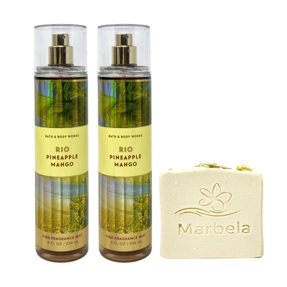 Bath & Body Works Rio Pineapple Mango 2 Fine Fragrance Mists and with a Wild Jasmine Bar Soap