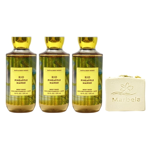 Bath & Body Works Rio Pineapple Mango 3 Body Washes with a Wild Jasmine Bar Soap