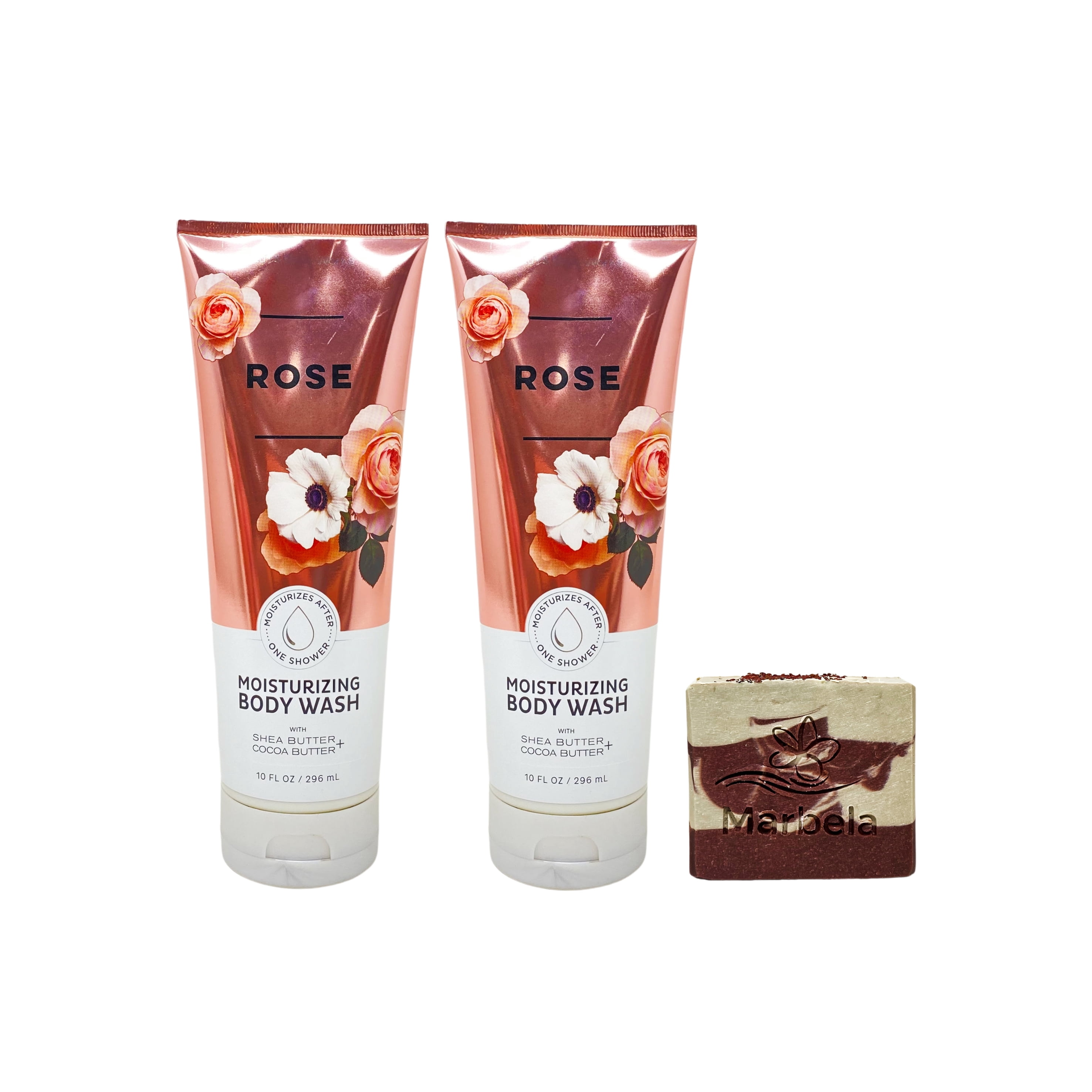 Bath & Body Works Rose - 2 Moisturizing Body Washes with a Cherry On Top Bar Soap